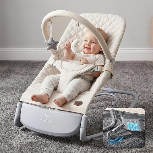 Orzbow Electric Baby Rocker & Toddler Chair, 3-Speed Auto-Rock, Up to 40lbs | Timer 30/60Min, 8 Soothing Melodies, 3 Recline Positions, 5 Volume Levels, Battery or Plug-In Powered, Machine-Washable Cover