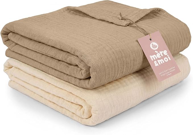 Mère & Moi: Muslin Baby Blanket ??2 Pack, Peach & Cream - 40x36", Double Layer Cotton Swaddle, Lightweight-Breathable, Oeko-TEX, Newborn-Toddler Wrap