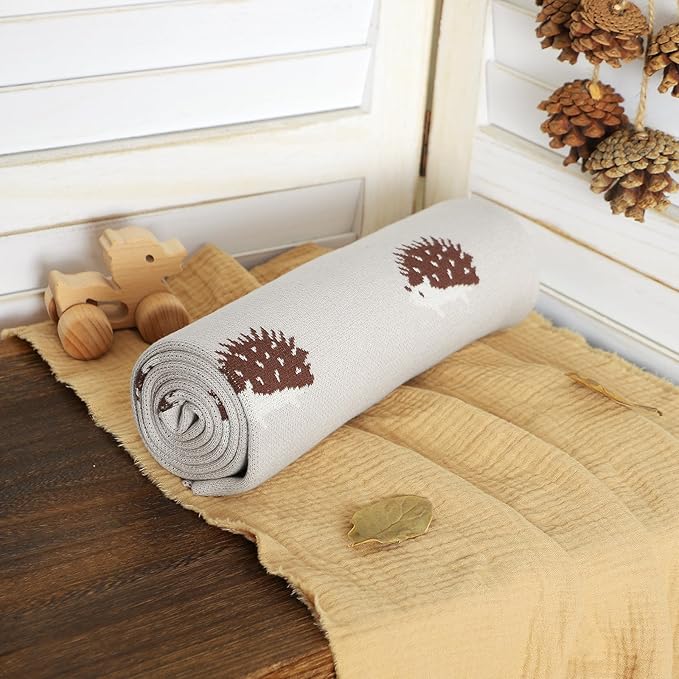 Opewod Baby Blanket 100% Cotton Baby Swaddle Blanket Knit Soft Cozy Lightweight Unisex Receiving Stroller Quilt Blanket with Cute Hedgehog 30x40 Inch Light Grey