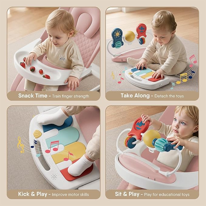 Monamii Baby Bouncer, Baby Bouncer Seat with Detachable Pianos & Feeding Tray, 3-Level Adjustable Positions Bouncing Seat, Infant Bouncer Seat and Toddler Chair (Pink)