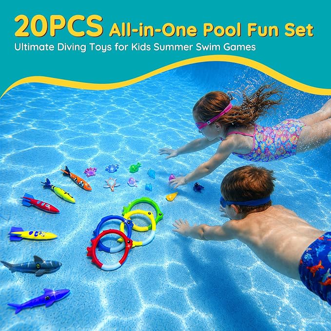 20Pcs Summer Pool Diving Swimming Toys for Kids Ages 3-12, Fun Swim Games Sinking Set, Underwater Dive Gifts with Storage Bag Include Torpedo Gems Shark Rings Sea Animals for Boys Girls Toddlers