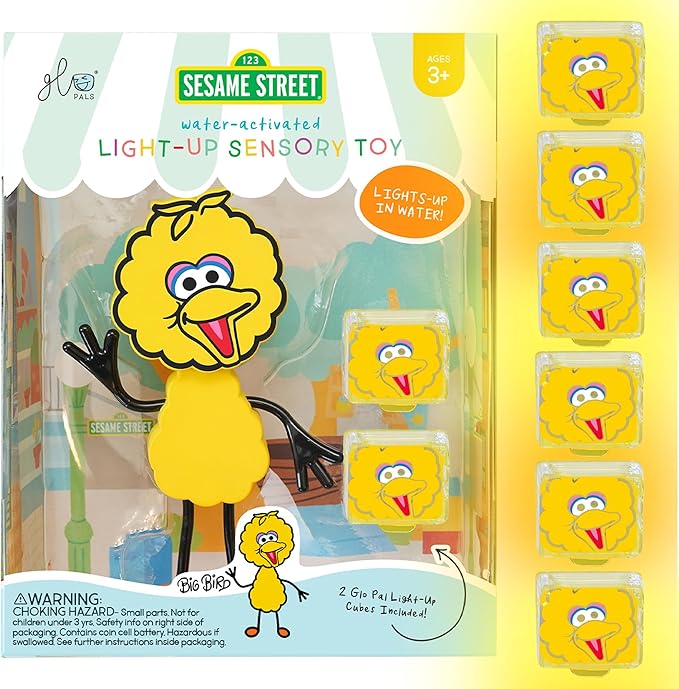 Glo Pals x Sesame Street Water-Activated Bath Toy with 6 Reusable Light-Up Cubes for Sensory Play (Big Bird, Cubes with Character)