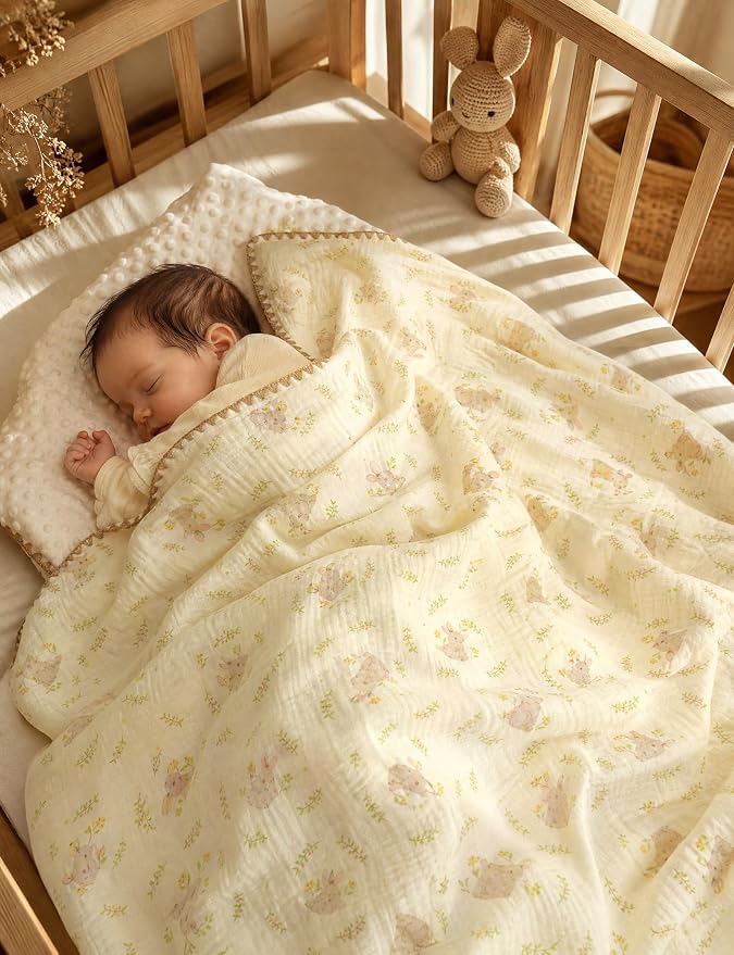 Baby Blanket 40x40 Inches,Muslin Cotton and Minky Dotted Double Layer Soft Receiving Blanket for Newborn Toddler,Meadow Bunny