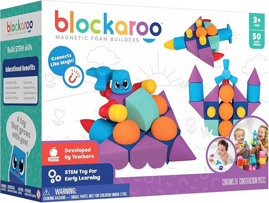 Blockaroo Magnetic Foam Building Blocks – 50-Piece Set, Bath & Bathtub Toys for Toddlers, Sensory STEM Building Blocks for Kids Ages 3-5