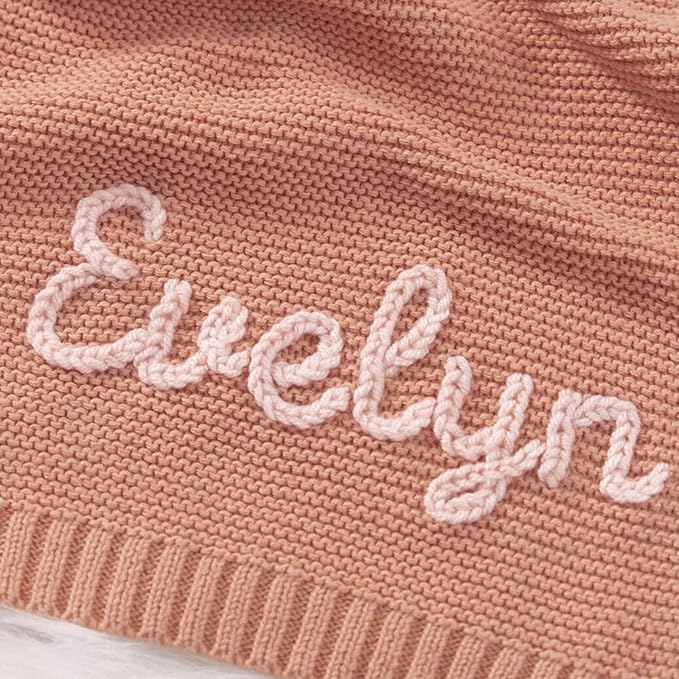 ZXH Personalised Baby Blankets,Custom Hand Embroidered Blankets,Name Blanket,Baby Name Knits -Soft Breathable Cotton Knitted Blanket Newborn Baby Gift