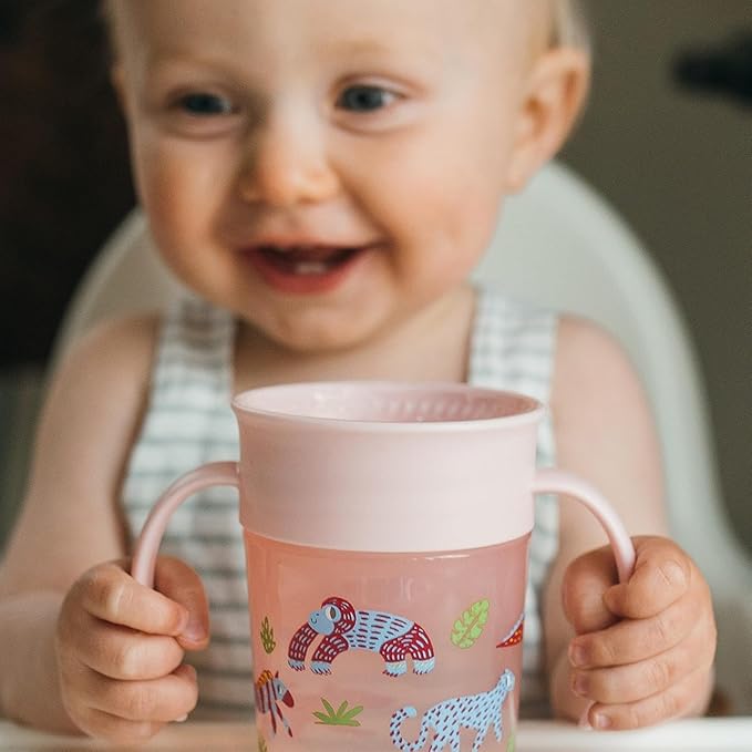 Dr. Brown's Milestones Cheers 360 Spoutless Transition Cup with Handles, Travel Friendly and Leak Free Sippy for Babies and Toddlers, Pink Animals, BPA-Free, 7 oz/200 mL, 6m+, 1-Pack