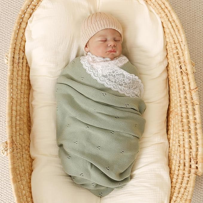 Hadetoto Cotton Lace Knit Baby Blankets, Super Soft Lightweight Crib Blanket for Infant Boys Girls, Nursery Bedding (Light Green)