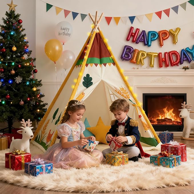 Teepee Tent for Kids, Play Tent with Padded Mat & Star Lights, Indoor Play Tent for Girls & Boys, Pastoral Chicken