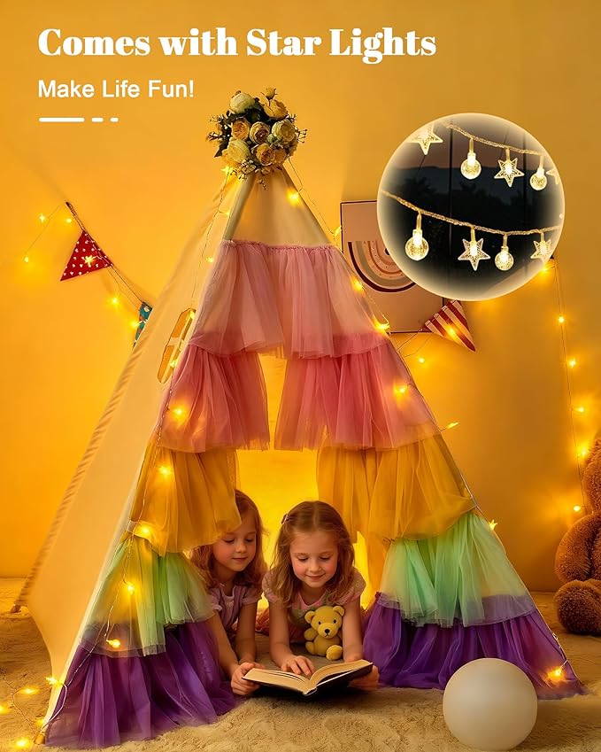 Hallo Deer Teepee Tent for Kids, Toddler Teepee with Star Lights & Rainbow Tulle, Girls Princess Play Tent, Foldable Kids Teepee Tent for Inside Playhouse Kid Toy Gift
