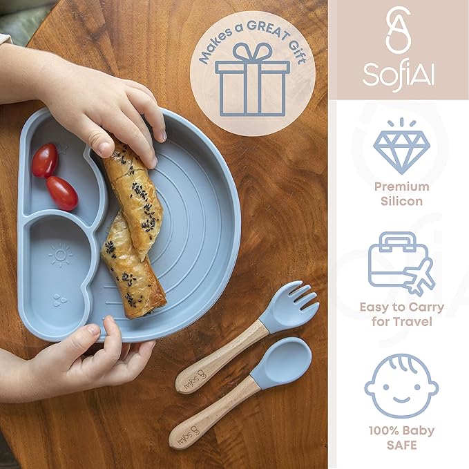 BPA-Free Non-Toxic Silicone Baby Feeding Set ??Suction Plate, Bowl, Bib & Cup ??11-Piece Baby Led Weaning Set for Ages 6-18 Months ??Eco Gift Bag (Dusty Blue)