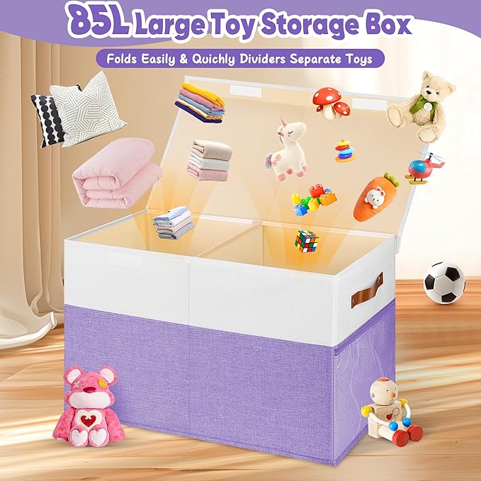 Mabahoo Large Toy Box, Collapsible Sturdy Storage Chest With Lids, Kids Toy Chest Storage Organizer Toddler Bin Boxes for Living Room, Bedroom, Nursery, 25"x13"x16", Purple & White