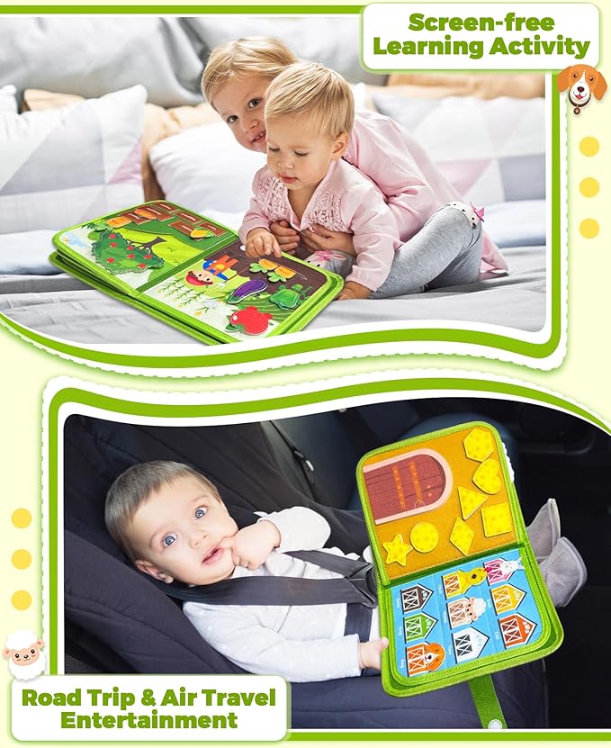 Busy Book for Toddlers 1-3, Montessori Toys for 1 2 Year Old Boy Girl Birthday Gifts, Busy Board Educational Learning Toys for 1+ Year Old, Toddler Airplane Travel Toy Farm Animals Activity Books