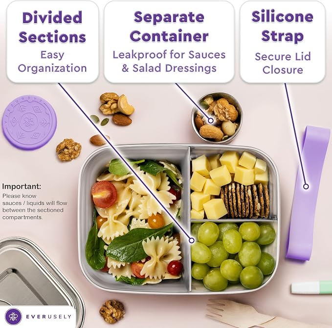 Everusely - Bento Box - Lavender, 47oz / 1.4 L - Large Stainless Steel Lunch Box with Leakproof Condiment Container - 3 Compartment Snack Organizer for On the Go Meals - Freezer & Dishwasher Safe