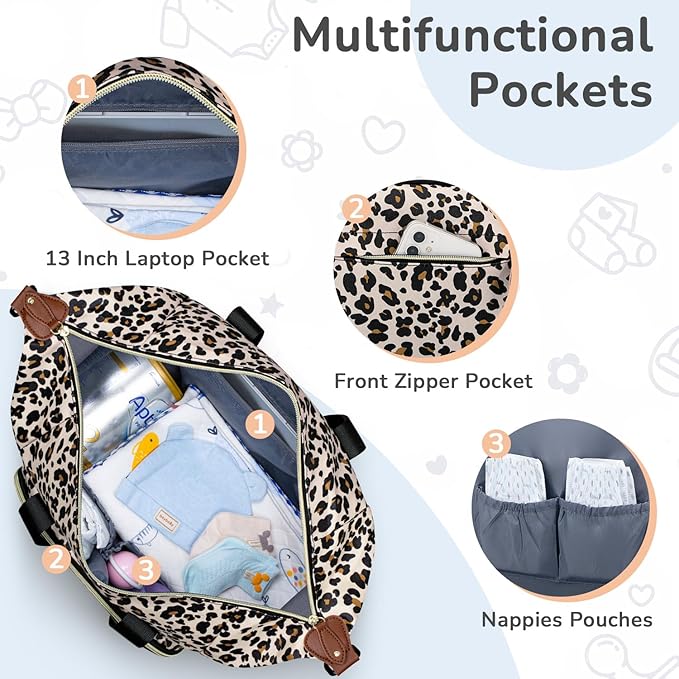 Tenot Diaper Bag Tote with Pacifier Case, Baby Bag for Women with Shoulder Straps, Travel Diaper Tote for for Mom and Dad Medium Size, Leopard Print