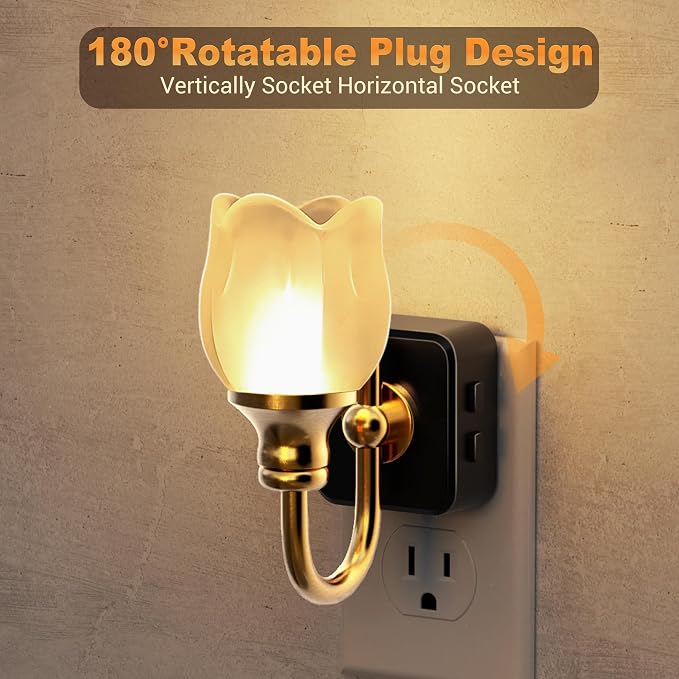 JandCase Night Light, Night Lights Plug into Wall, Glass Tulip LED Nightlight, Color Changing Dimmable Flower Nightlights, Dusk to Dawn Sensor, 180° Rotating Vintage Nite Light for Bathroom Gift Decor