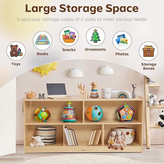 Bateso Toy Storage Organizer for Kids Room, Wooden Kids Bookshelf for Classroom, Cube Storage Organizer for Playroom, 5-Section Montessori Bookshelf & Toy Shelf for Nursery
