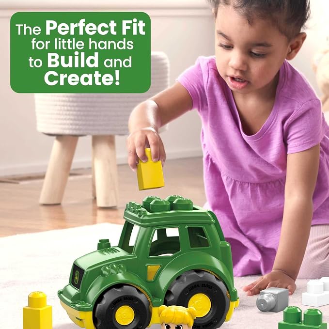 MEGA BLOKS John Deere Toddler Building Blocks Toy Set, Lil’ Tractor with 6 Pieces and Storage, 1 Figure, Green , Ages 1+ Years