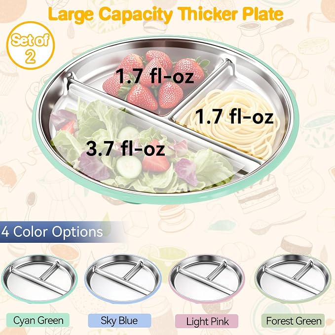 2 Pcs Stainless Steel Toddler Plate with Suction,Metal Toddler Divided Plates with Removable Silicone Sleeves for Kids, Non Slip Unbreakable Baby Snack Dishes (Blue & Green)