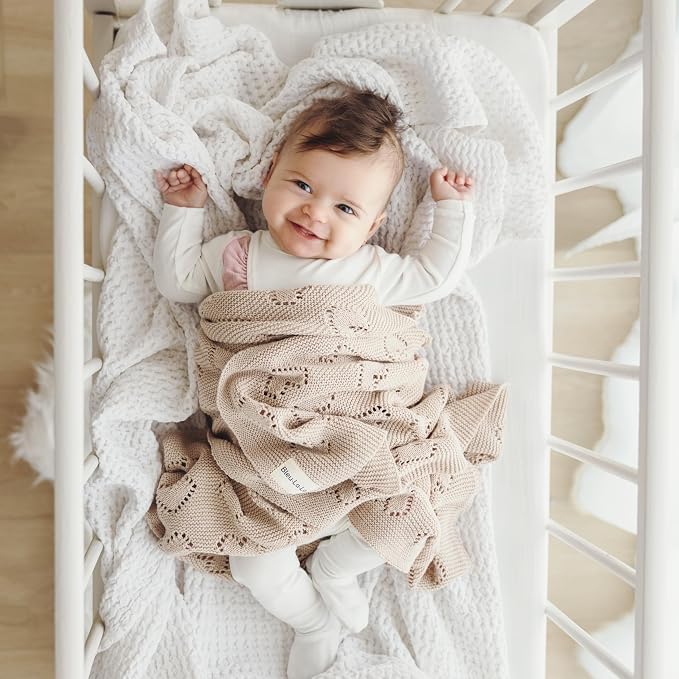 Heirloom Knit Heart Receiving Unisex Blanket for Boys and Girls - 100% Luxury Cotton Baby Blanket - Soft Warm Swaddle Receiving Blanket for Newborns Infants & Toddlers (Oatmeal)
