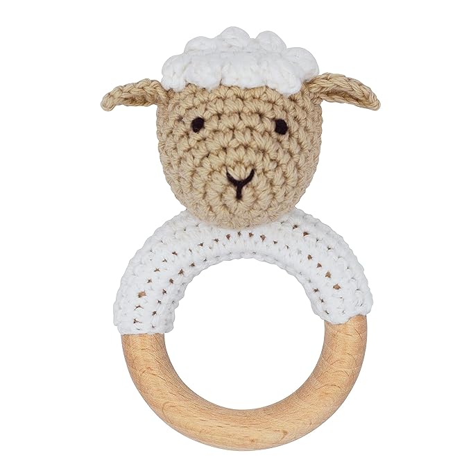 Joliecraft Natural Wooden Baby Rattle Soft Shaker Toy with Teething Ring for Infants Cream Lamb