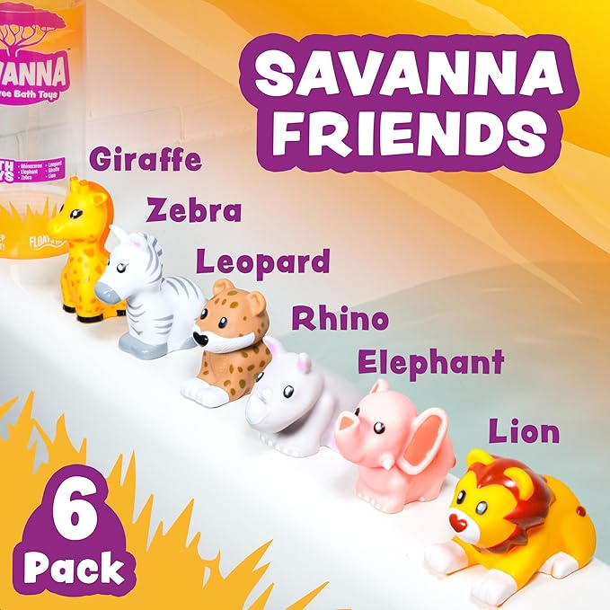 Tub Works® Savanna??Mold Free Bath Toys, 6 Pack | Sealed, No Hole Bath Toys Design Keeps Moisture Out | Soft, Squeezable & Float on Water | Easy-Grip Baby & Toddler Bathtub Toys | Great Baby Pool Toys