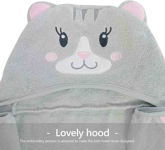 Style Quarters 100% Cotton Kids Hooded Bath Towel with Embroidery - Large 50"x24" Soft Terry Toddler Beach Towel, Cartoon Cat Hooded Towel for Boys & Girls (Grey Cat)