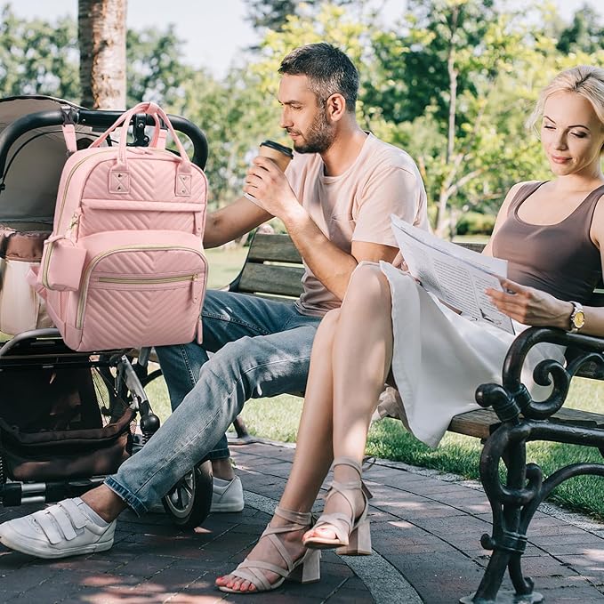 Tuwubi Diaper Bag Backpack with Changing Pad,Baby Essentials, Multi function Waterproof Backpack with Stroller Straps & Pacifier Case Light Pink