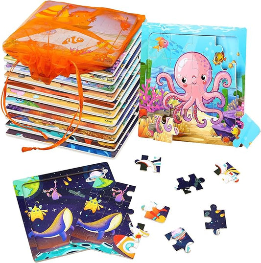 SANNIX 12 Pack Wooden Jigsaw Puzzles with 12 Organize Bags, Ocean and Space Toddlers Puzzles for Kids Ages 3 4 5, Party Favors Educational Learning Travel Toys for Boys Girls