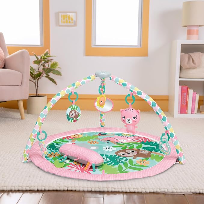 Bright Starts Rosy Rainforest Foldaway Activity Gym with Carry Bag for Storage & Travel, Pink Play Gym, Newborns & Up