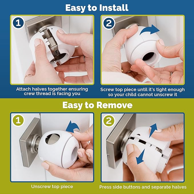 Door Knob Safety Cover for Kids (6 Pack) Hard-to-Remove Dual-Lock Door Handle Covers for Kids - Reusable Baby Proof Door Knob Locks - Installs Easily, No Tools Needed (White)