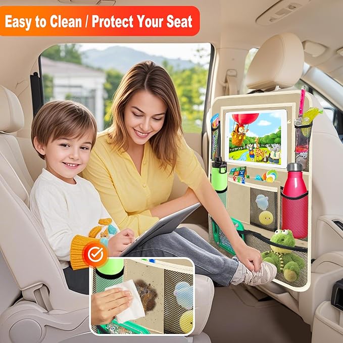 Car Backseat Organizer ï¼? Pack Car Organizer Back Seat with 11" Tablet Holder, 10 Storage Pockets Seat Back Protectors Kick Mats for Kids Toddlers, Travel Accessories (Beige)