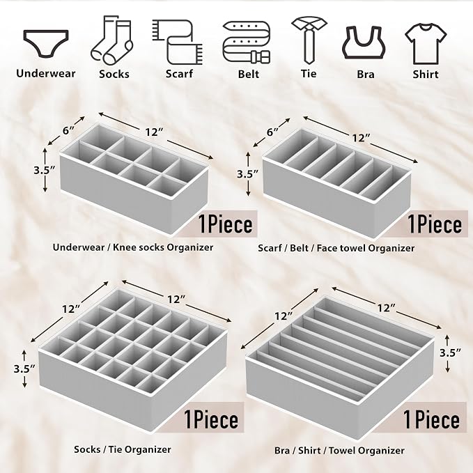 Simple Houseware 4-Pack Drawer Organizer Set - Closet Dividers for Underwear, Socks, Bras, Scarves, Ties - Foldable Non-Woven Storage Boxes, Gray