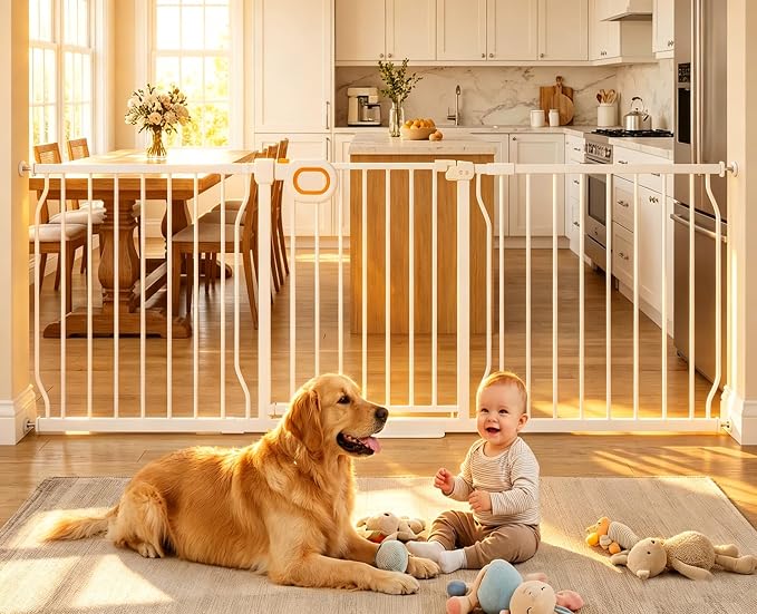 Baby Gates Extra Wide for Doorways 62.2-66.9 Inch Extra Wide Pressure Mounted Baby Dog Gate for the House Indoor Large Openning Metal Safety Gate No Drilling with Walk-Through Door,White