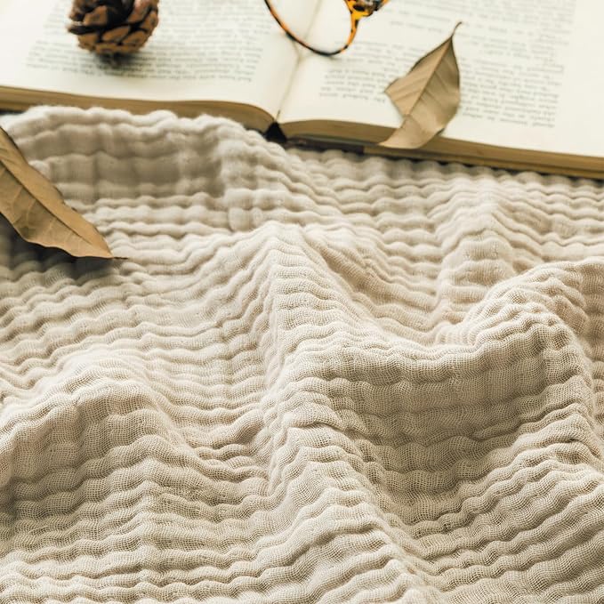 EMME Cotton Throw Blanket for Couch Soft Muslin Blankets 50"x60" Lightweight Breathable Blanket Beige All Season Gauze Blanket