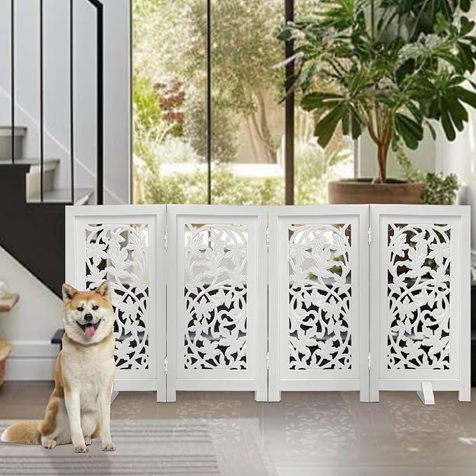 Dog Gate for Indoor Use, 4 Panel Free Standing Foldable Wooden Pet Barrier, 56x28 Inch Decorative Lucy Design Dog Fence for Doorway, Stairs, or Hallway, White Antique