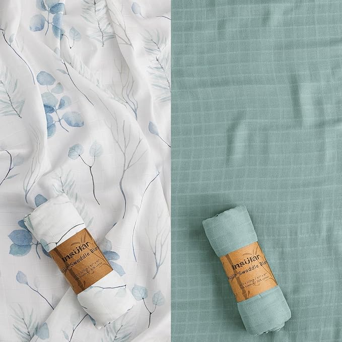 Insular Muslin Swaddle Blanket, Baby Swaddle Wrap for Boys and Girls, Receiving Blanket Large 47 x 47 inches, Baby Essentials, 2 Pack, Green&Plants
