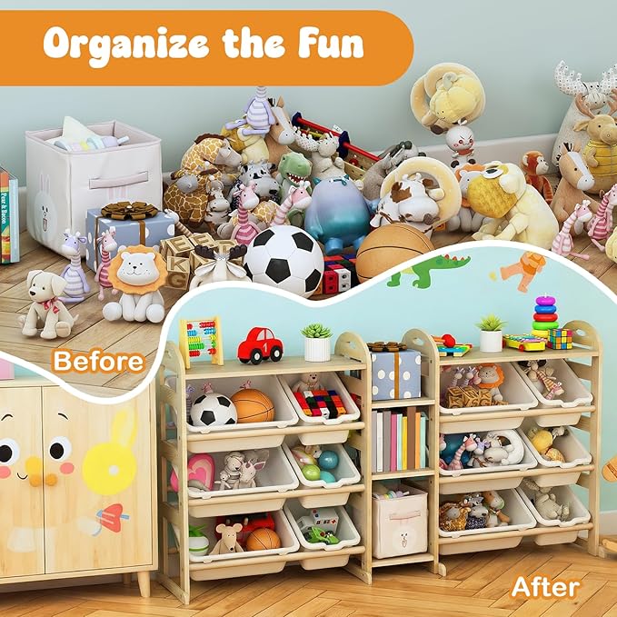 Toy Storage Organizer, 59.6" W White 5-Shelf Bookcase/Bookshelf with 12 Toy Bins, Large Toy Organizers and Storage, Toy Box for Playrooms, Bedrooms Organization