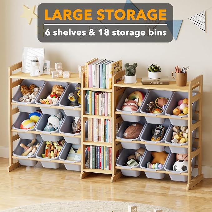SpaceAid Large Toy Storage Organizer with 6 Shelves and 18 Bins, Book Shelf Organizers Storage Bookshelf, Kids Bin Shelf Box Bookcase for Bedroom Playroom Organization Room Decor, Neutral Gray