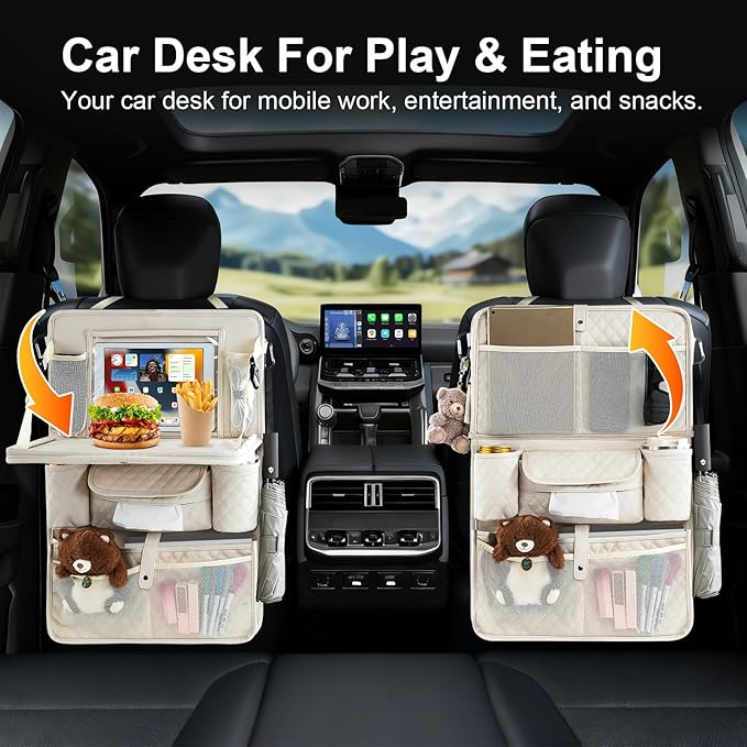 Car Backseat Organizer with Foldable Table Tray - 11 Storage Pockets PU Leather Back Seat Organizer with Tablet Holder, Seat Back Protector for Kids Family Road Trip Travel Accessories (Beige)