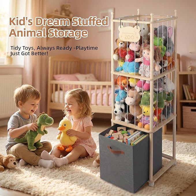 Stuffed Animal Storage Zoo Tower with 4 Brake Wheels & Bottom Storage Bin,Unpainted Natural Wood Large Plushies Storage Holder Organizer, Toy Storage for Playroom Bedroom Nursery
