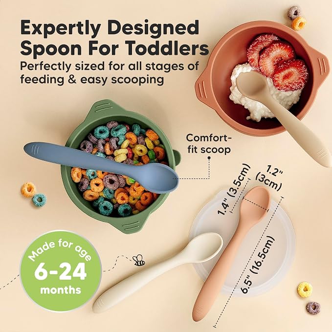 KeaBabies 3-Pack Silicone Baby Spoons and 2-Pack Baby Bowls with Suctions, Lids - Toddler First Food Training Spoon - Silicone Suction Bowls for Boy, Girl