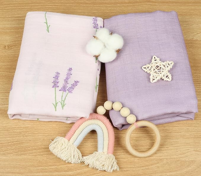 Muslin Swaddle Blankets Neutral, Baby Swaddling Wrap Nursery Receiving Blanket for Baby Girl, 70% Viscose from Bamboo and 30% Cotton, Large 47 x 47 inches Lavender & Mauve