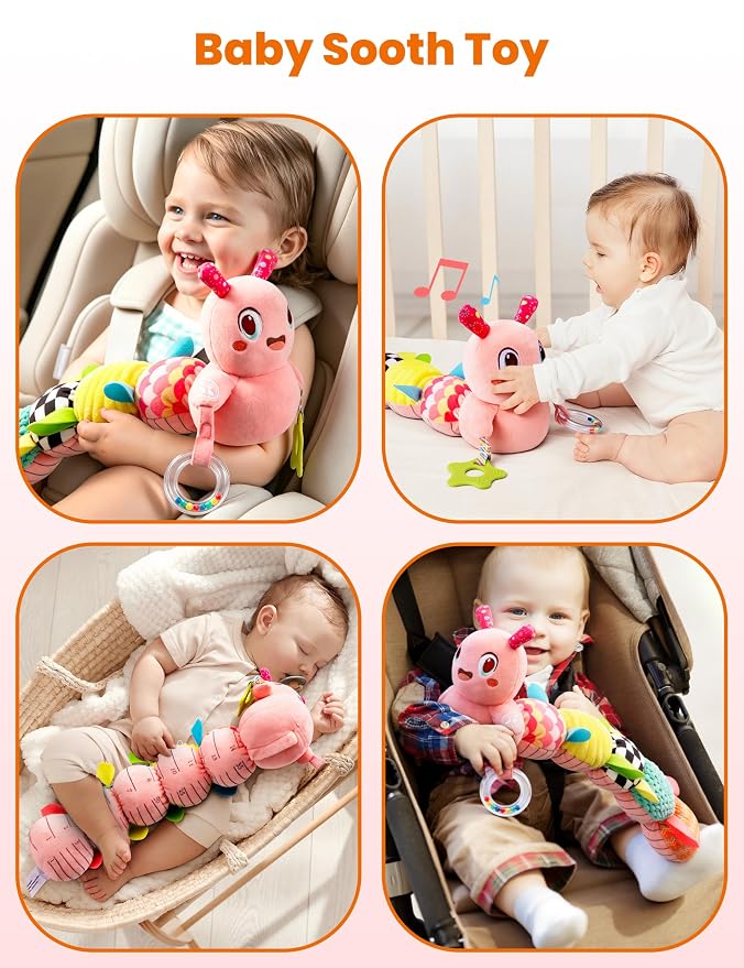 Musical Caterpillar Baby Sensory Toy for Infant Development 0-12 Months – Newborn Bath, Car Seat, Stroller & Bassinet Activity Toy & Gift – Tummy Time Crawler & Teether(Pink)