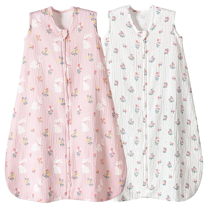 david's kids Muslin Cotton Baby Sleep Sack 18-24 Months, 2 Pack 100% Cotton Sleep Sack for Summer, TOG 0.5 Baby Wearable Blankets with 2-Way Zipper, Soft Sleep Sacks for Newborn, Rabbit & Floral
