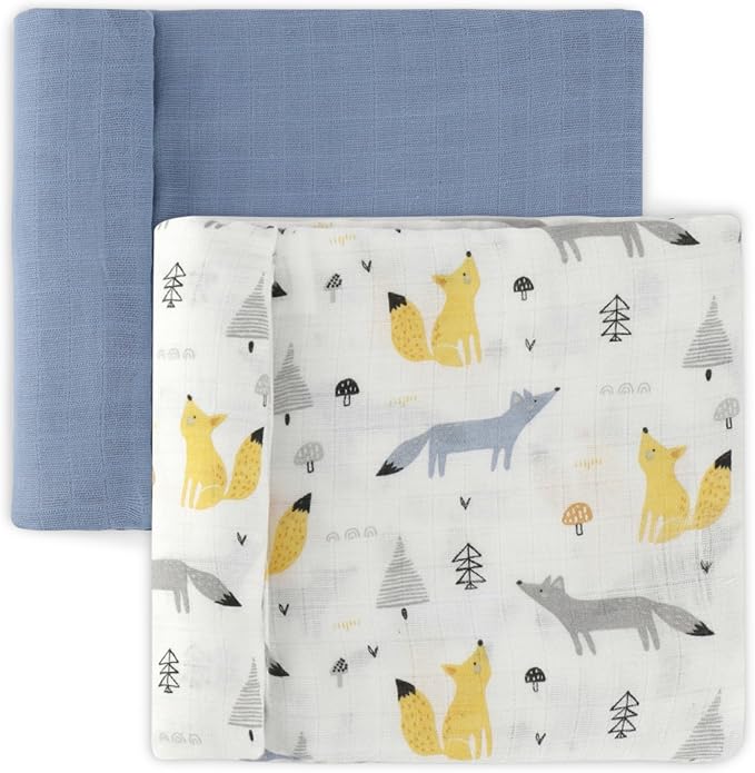 Featherhead??100% Cotton Muslin Swaddle Blankets for Baby Boy - Large 47?�x 47??- Pre-Washed, Soft, & Breathable - Newborn Essential & Perfect Baby Registry Gift (2 Pack - Blue Foxes)