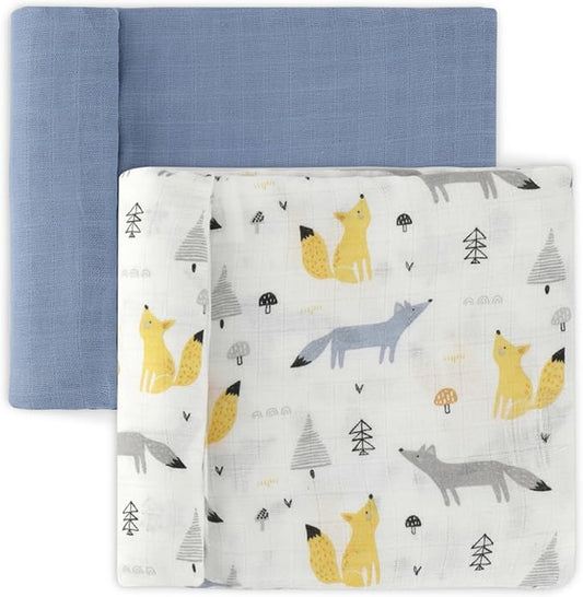 Featherhead??100% Cotton Muslin Swaddle Blankets for Baby Boy - Large 47?�x 47??- Pre-Washed, Soft, & Breathable - Newborn Essential & Perfect Baby Registry Gift (2 Pack - Blue Foxes)