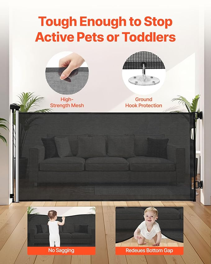 VEVOR Retractable Baby Gate, Extends to 56.3 inch Wide, 31.3 inch Tall, with Security Lock, Easy to Use, Walk Through Without Tripping, Mesh Dog Gate for Stairs, Hallways, Indoor/Outdoor, Black