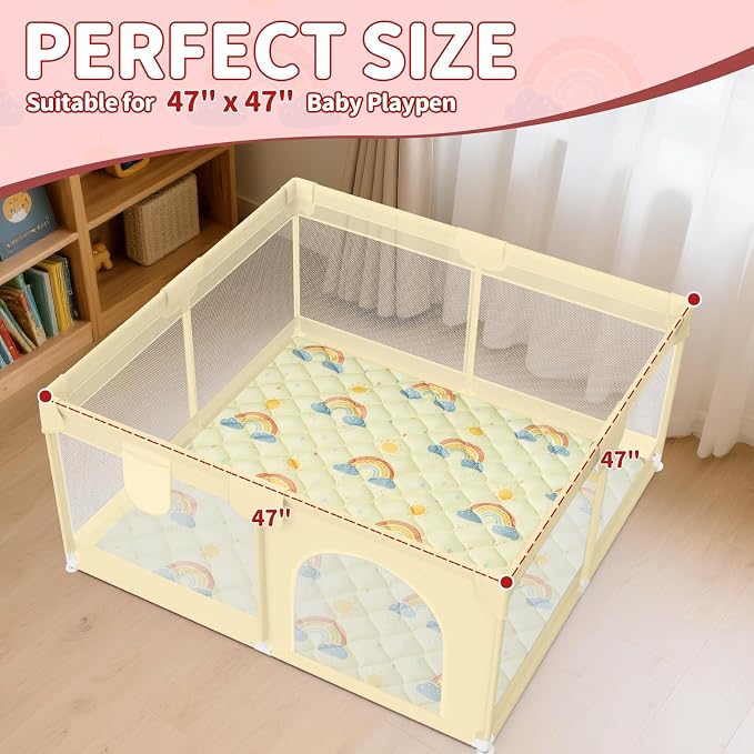 47"x47" Baby Playpen Mat - Thicken & Foldable Memory Foam Cushioned Playmat for Babies Toddlers Infants - Non-Slip & Machine Washable Baby Play Mat for Floor, Rainbow