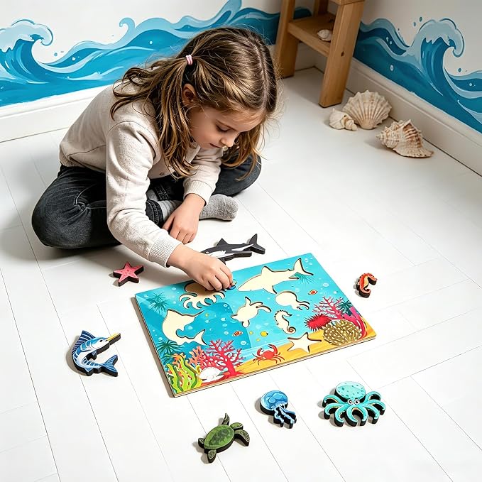 7 Pcs Sea Animals Wooden Pegged Puzzles for Toddlers,Educational Toddler Wooden Puzzles for Shape & Color Recognition,Ideal Baby Puzzles for Underwater Party & Home Decor