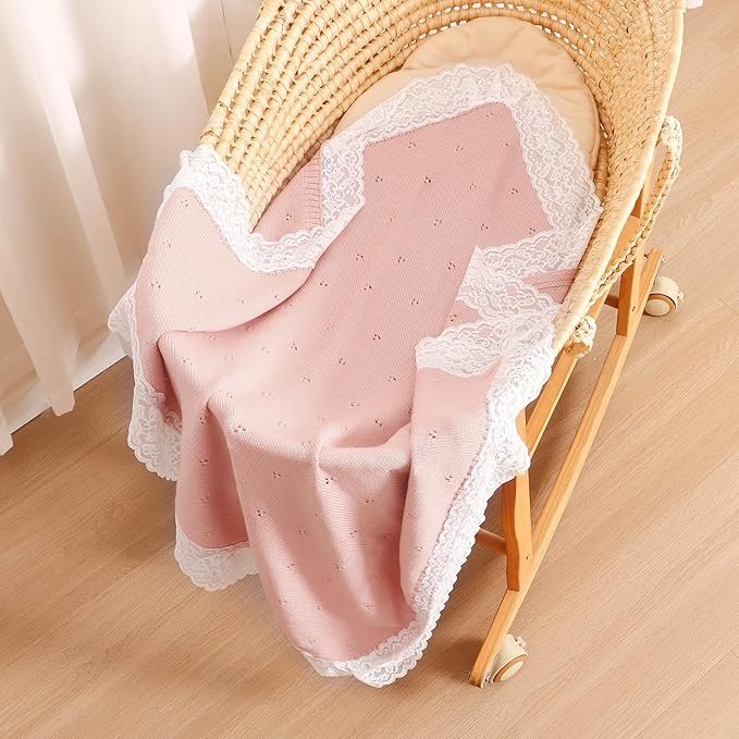 Hadetoto Cotton Lace Knit Baby Blankets, Super Soft Lightweight Crib Blanket for Infant Boys Girls, Nursery Bedding (Pink)